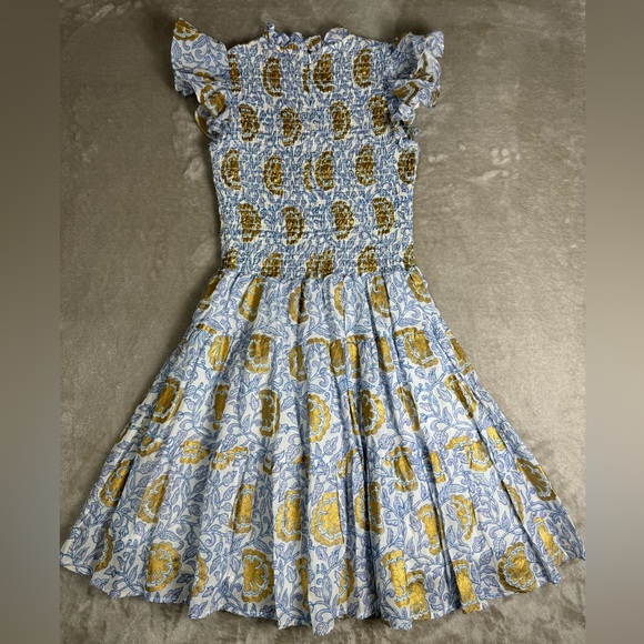 OLIPHANT Smocked Vine Blue Flirty Short Dress Small High Neck Ruffle Cotton - Picture 7 of 14